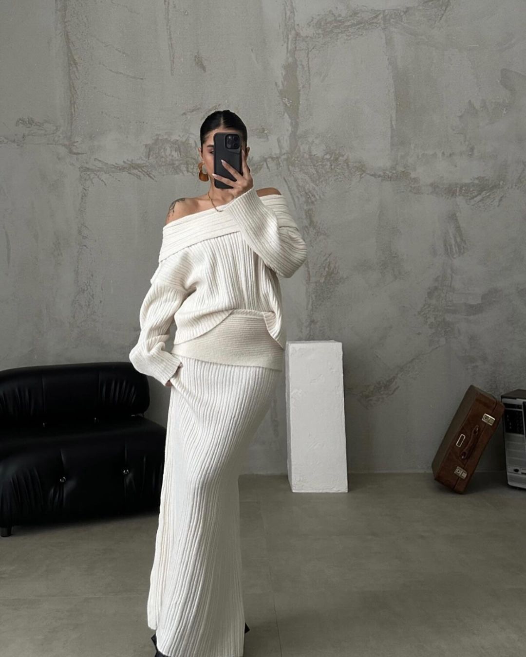 Olane Brand Wool Sweater Maxi Skirt Set WhiteSClothing Care Products