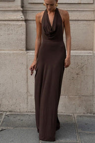 Robe maxi dos nu à col halter marron
