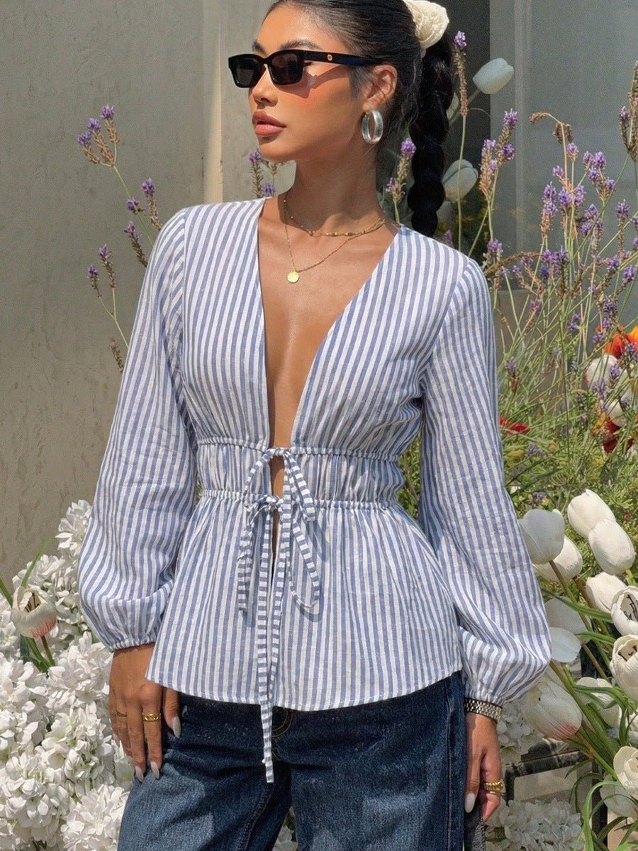 OLANE Caitriona Striped Tie - Front Blouse BlueLWomen’s Tops