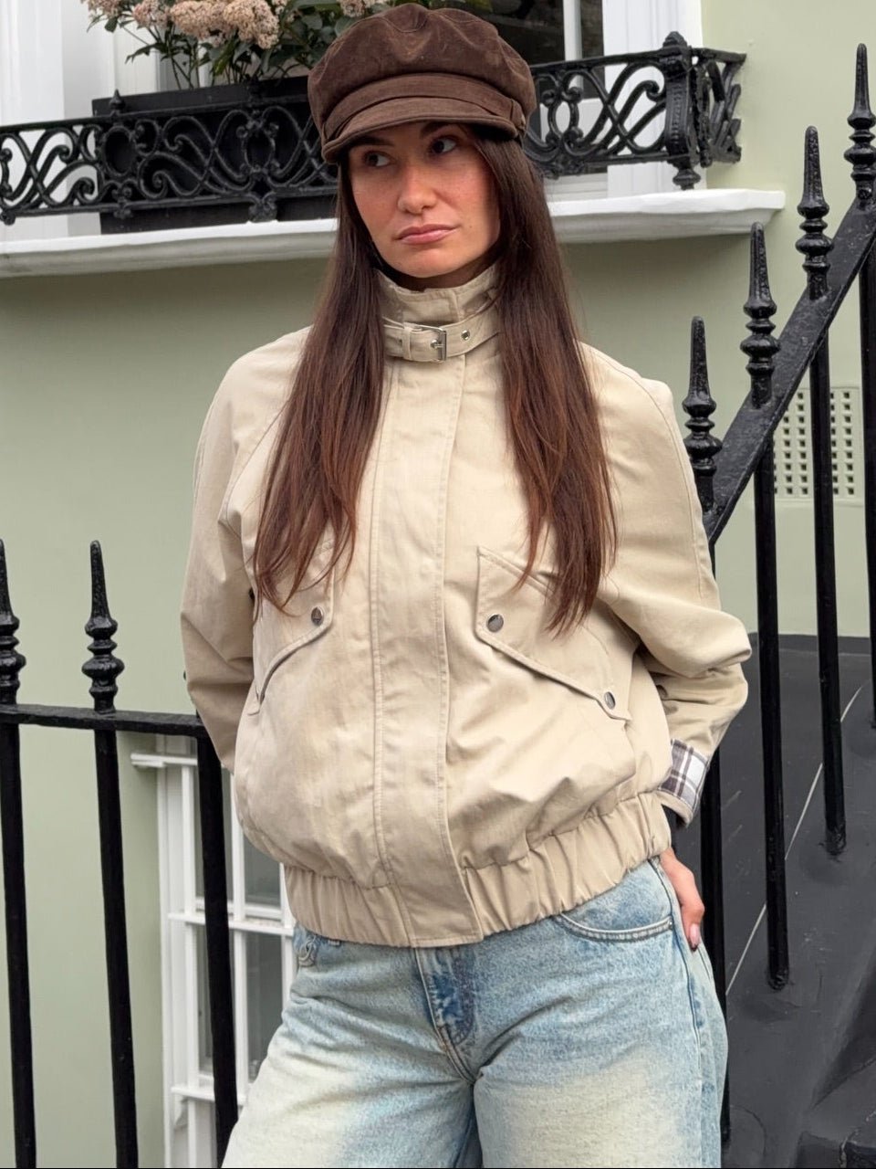 OLANE Casual Button-Front Stand Collar Jacket KhakiLWomen's Coats & Jackets