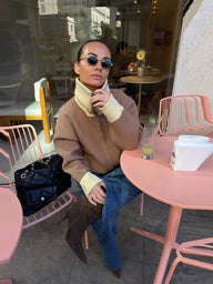 Cardigan casual en maille zippé à contrastes