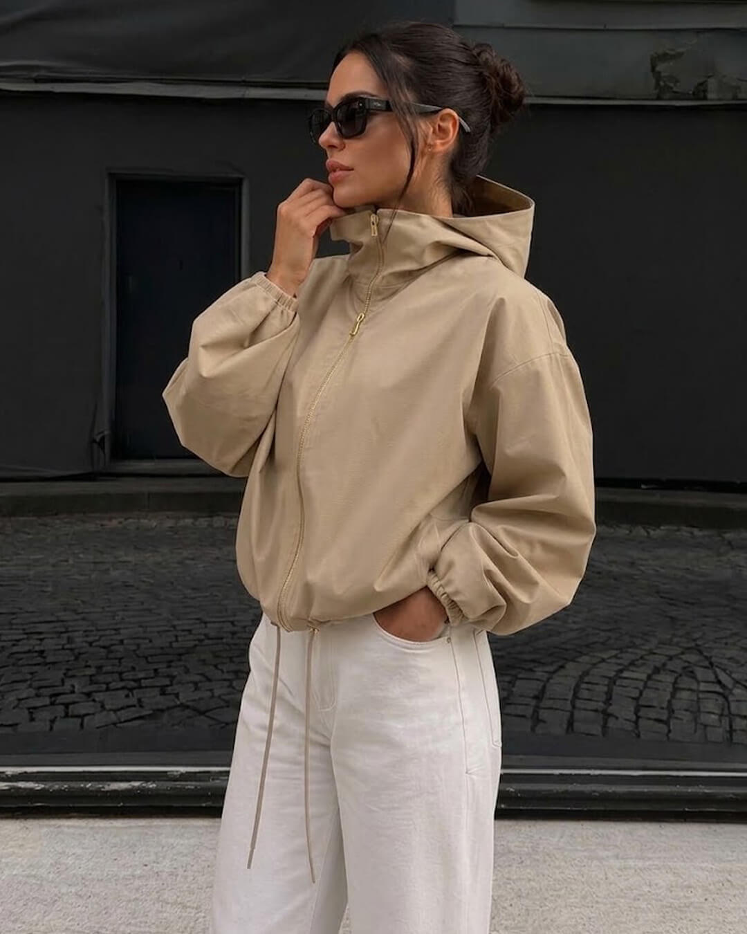 OLANE Casual Hooded Zip-Up Jacket BeigeXSWomen's Coats & Jackets