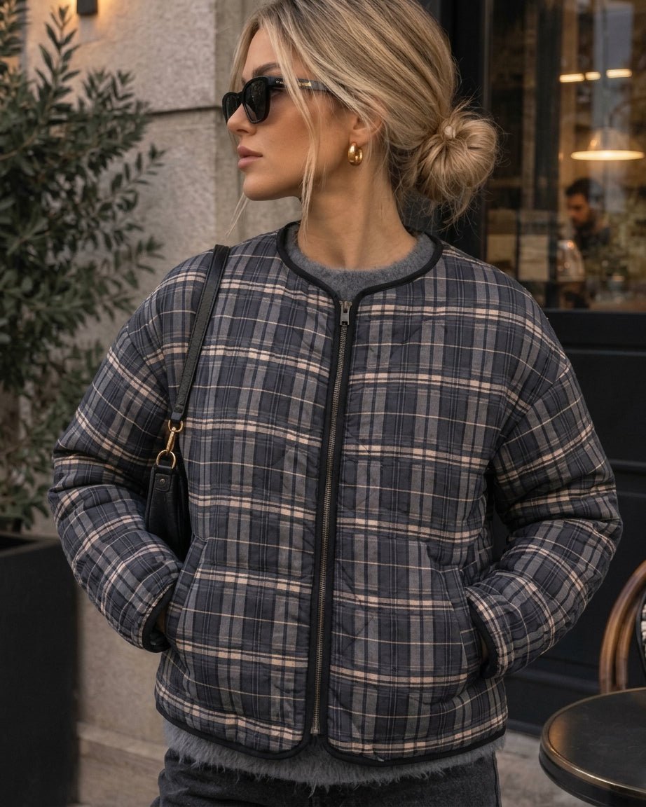 OLANE Casual Plaid Quilted Jacket Brown PlaidLJacket