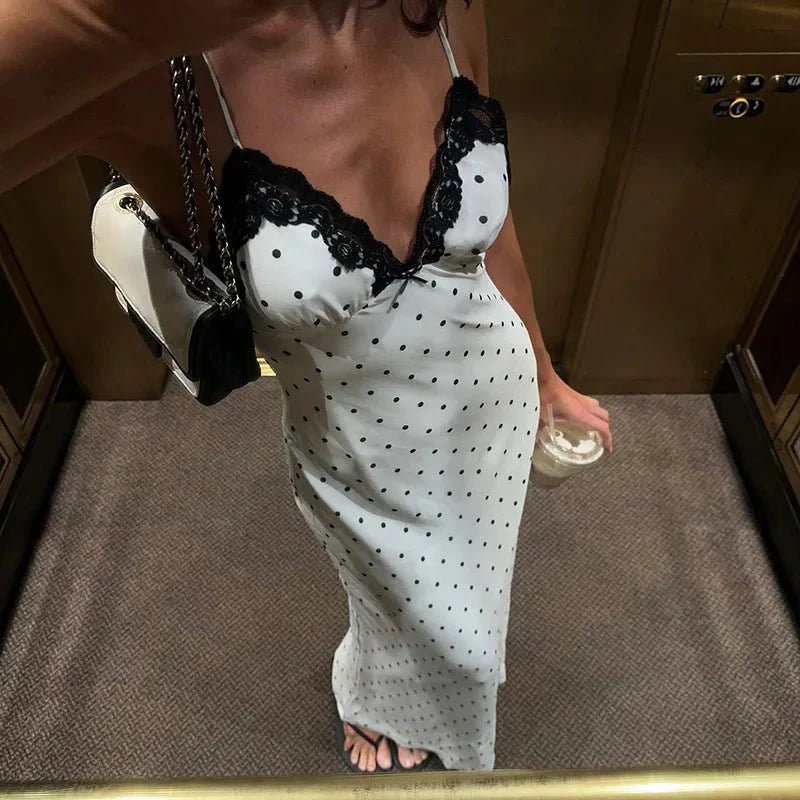 OLANE Charming Lace Trim Polka Dot Dress WhiteLWomen's Dresses