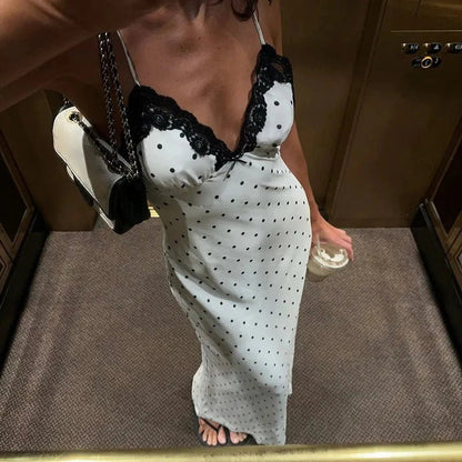 OLANE Charming Lace Trim Polka Dot Dress WhiteLWomen's Dresses