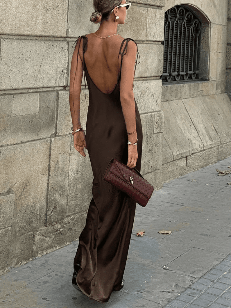 OLANE Chic Backless Satin Maxi Dress SWomen’s Dresses