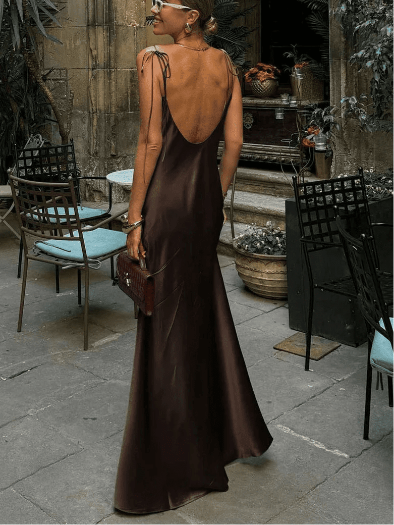 OLANE Chic Backless Satin Maxi Dress SWomen’s Dresses