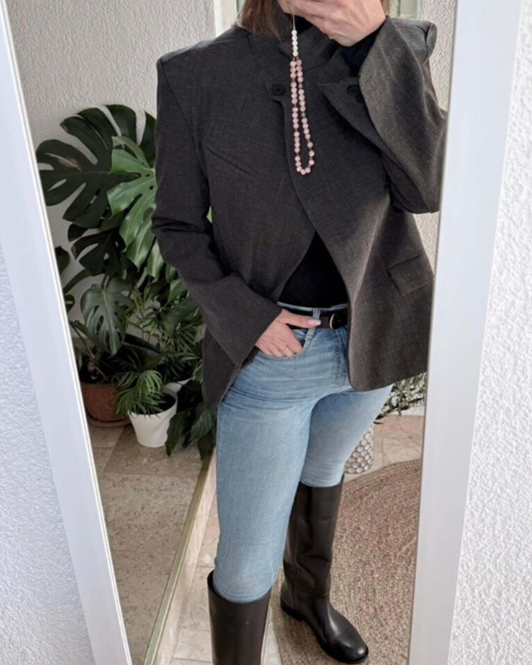 OLANE Chic Plaid Stand Collar Blazer CharcoalSBlazer