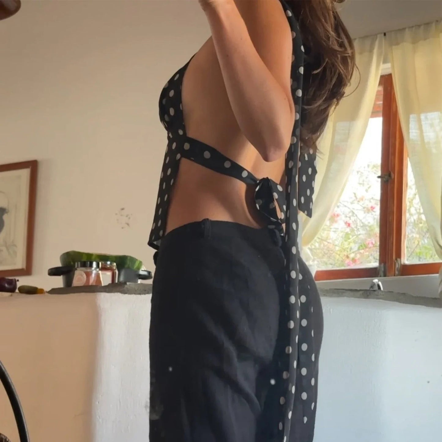 OLANE Chic Polka Dot Backless Cami Top BlackXSWomen’s Tops