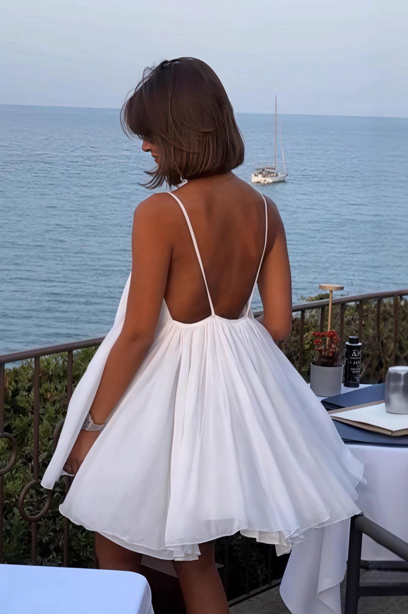 OLANE Chic Spaghetti Strap Flowy Mini Dress WhiteMWomen's Dresses