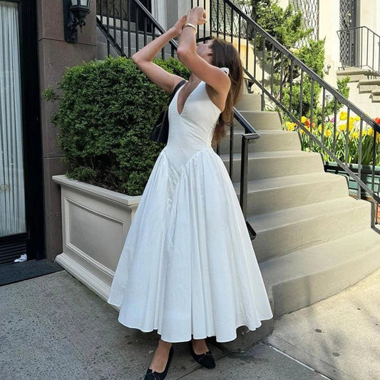 OLANE Chiffon Deep Neck Maxi Dress WhiteLWomen's Dresses
