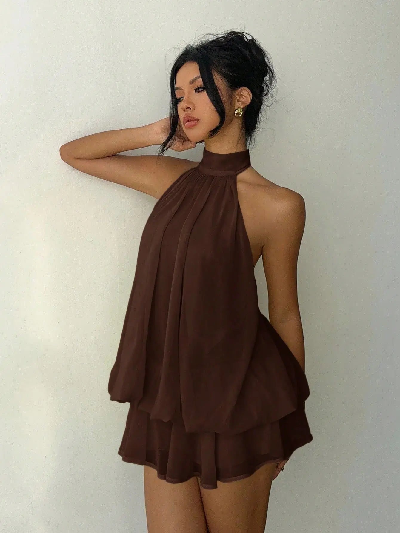 OLANE Chiffon Halter Mini Dress BrownSWomen's Dresses