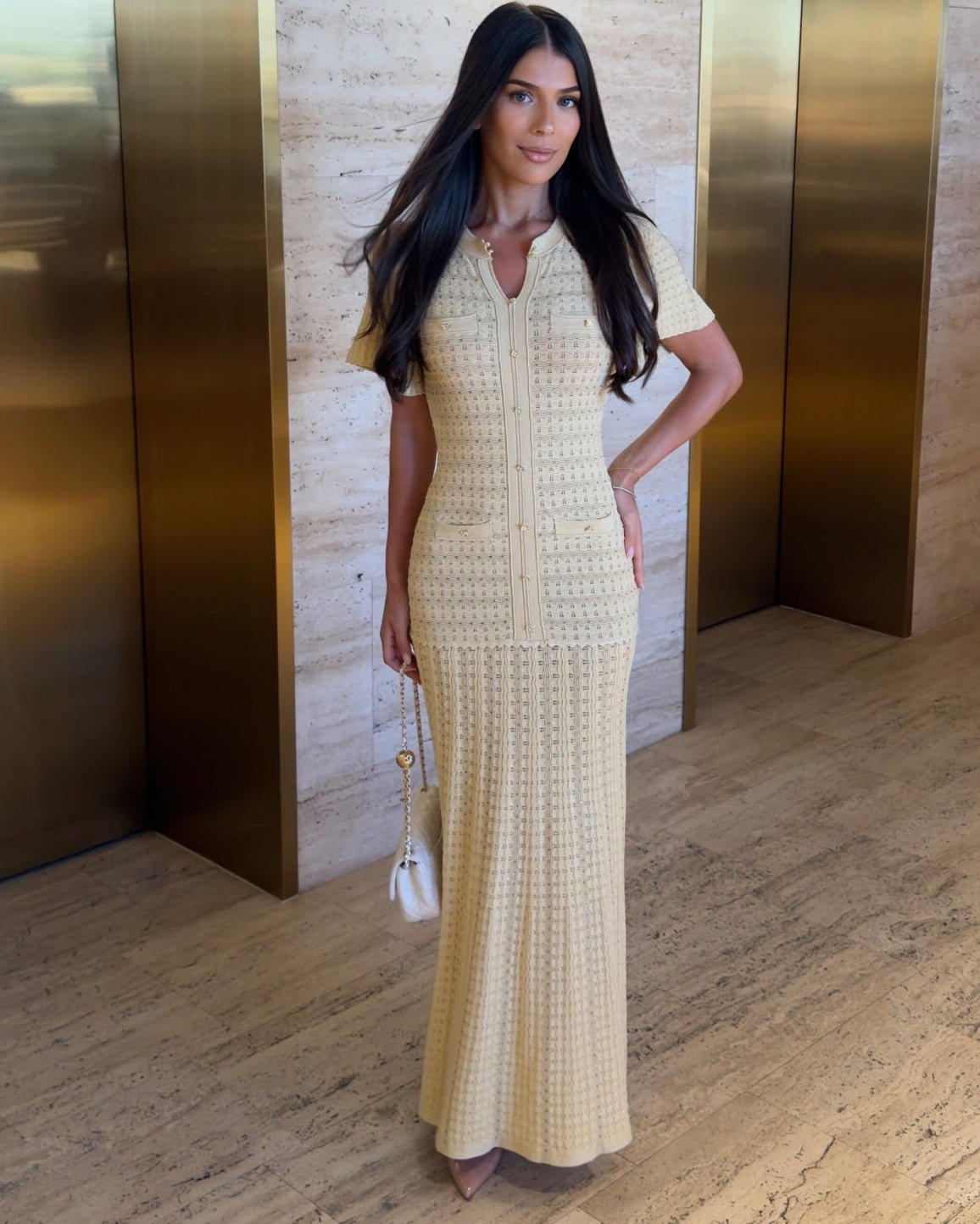 OLANE Cinched-Waist Sequin Knit Maxi Dress YellowXSWomen’s Dresses