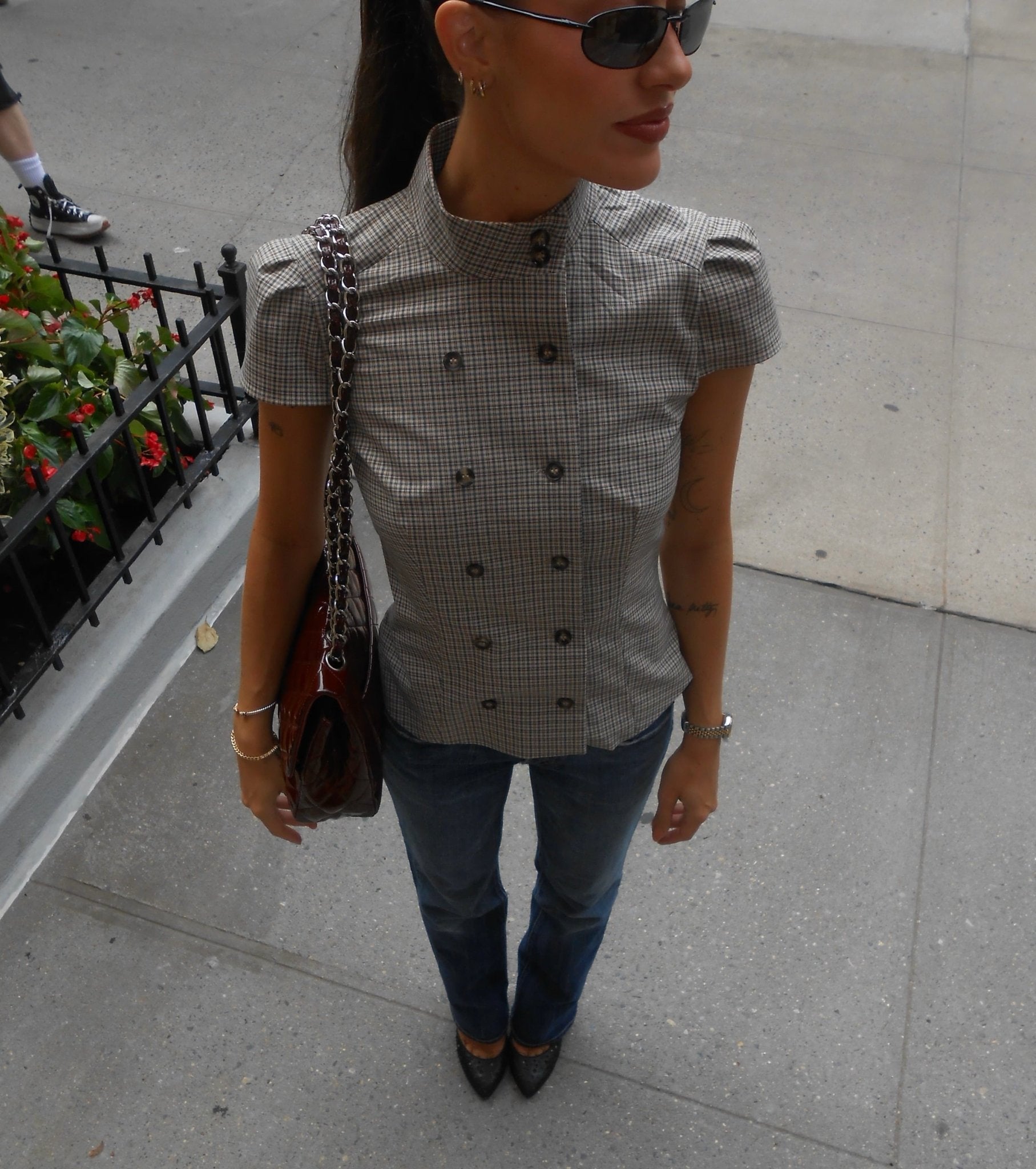 OLANE Classic Double-Breasted Plaid Blouse GreyXSBlouse