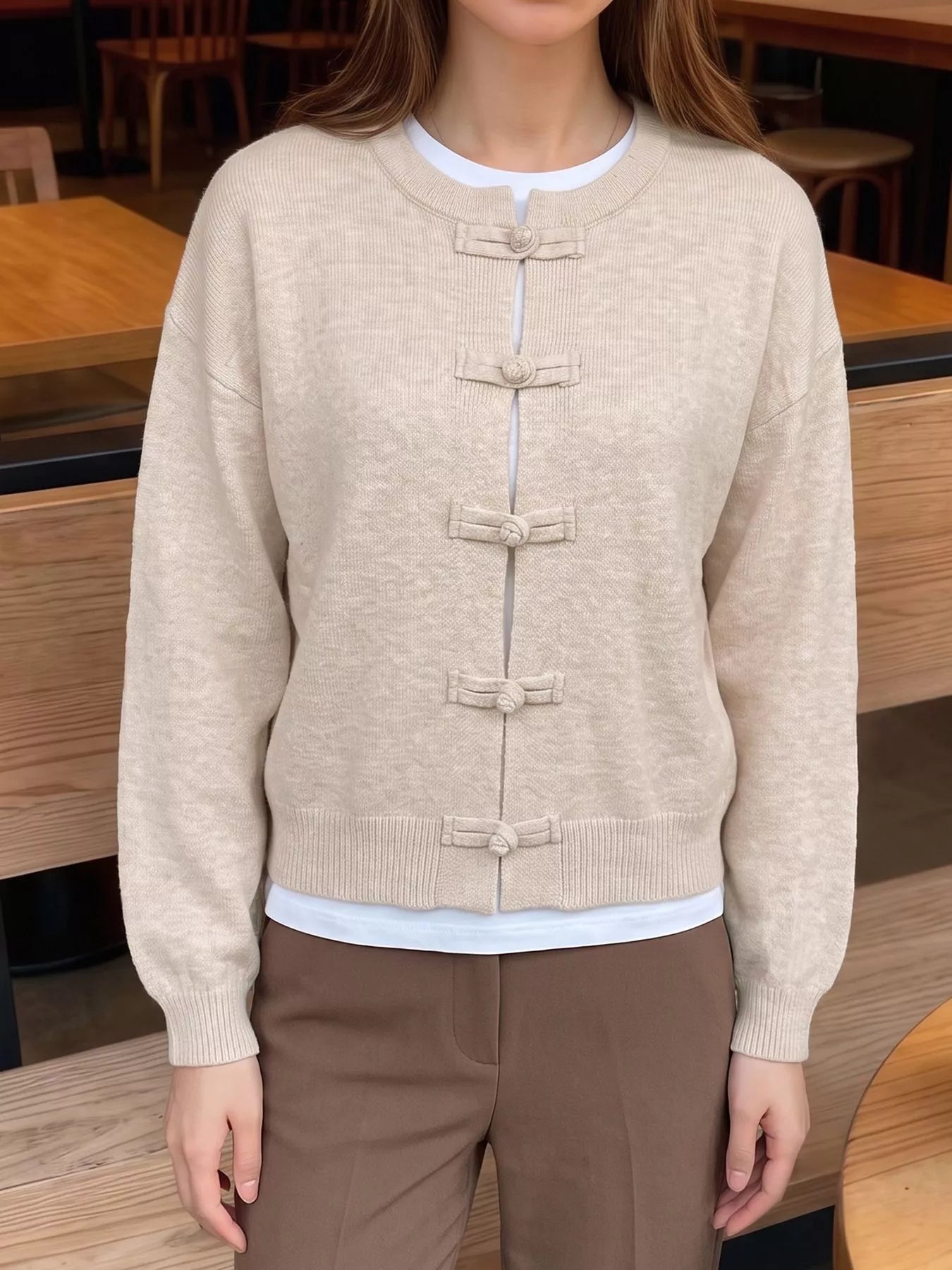 OLANE Classic Frog Knots Knitted Cardigan BeigeSWomen's Sweaters & Cardigans