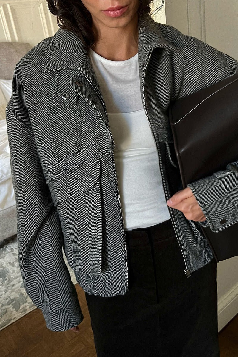 OLANE Classic Herringbone Stand Collar Coat BlackLWomen's Coats & Jackets