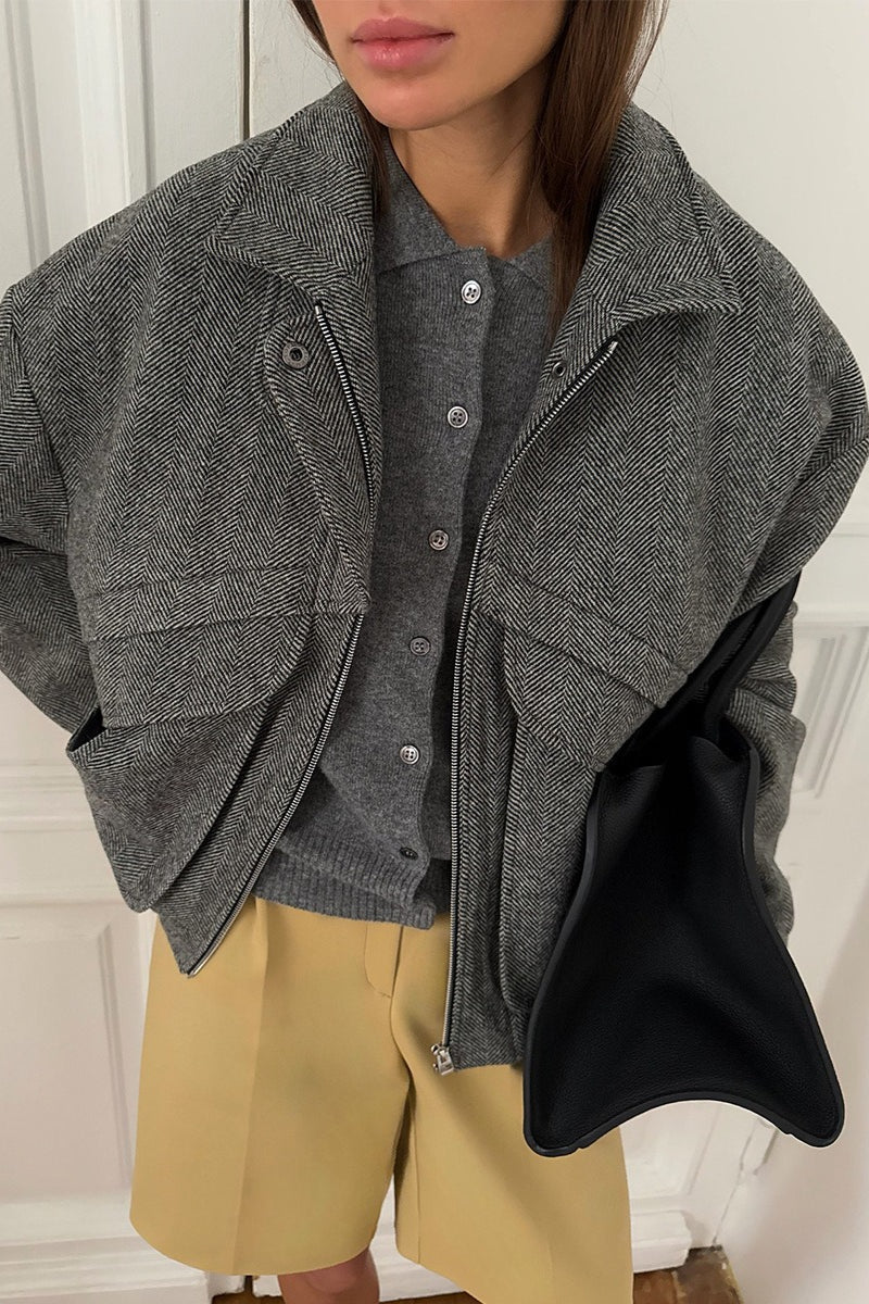 OLANE Classic Herringbone Stand Collar Coat BlackLWomen's Coats & Jackets