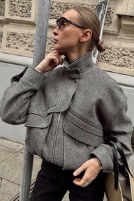 Classic Herringbone Stand Collar Coat