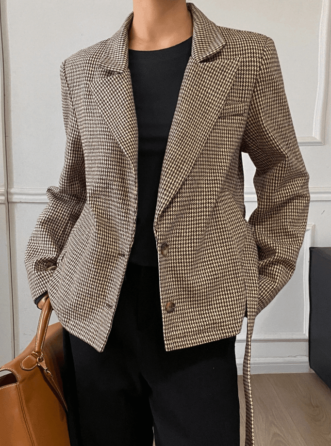 OLANE Classic Houndstooth Lace-Up Blazer BrownSJacket