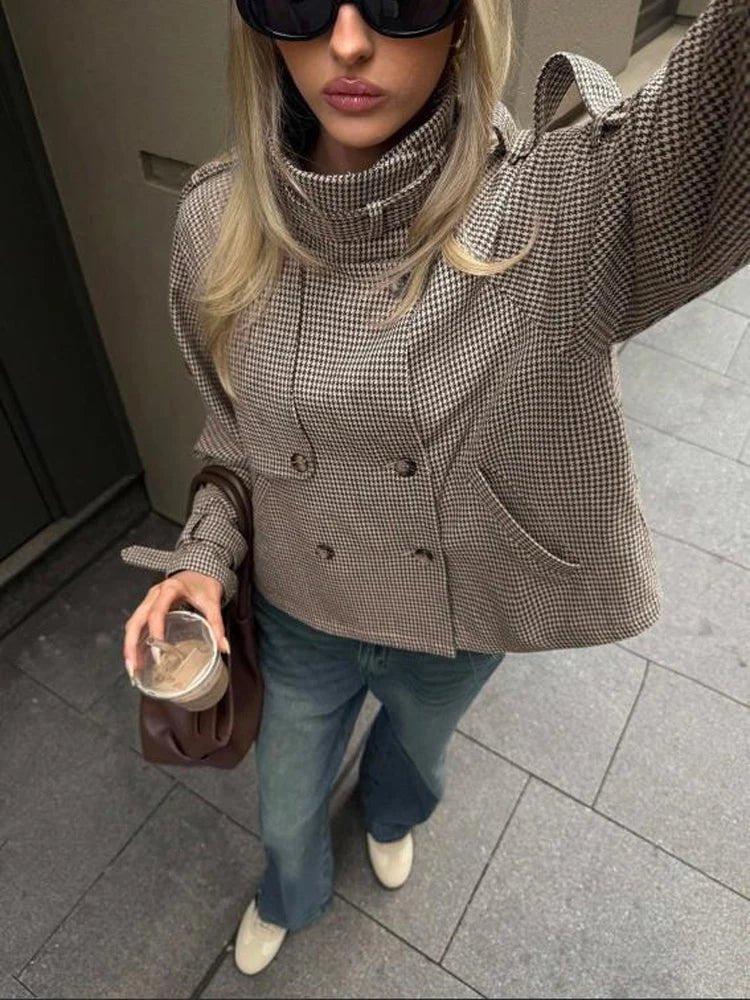 OLANE Classic Houndstooth Plaid Jacket BrownMWomen's Coats & Jackets