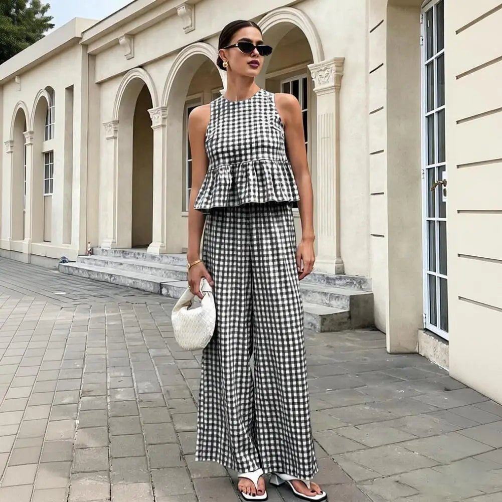 OLANE Classic Plaid Ruffle Two-Piece Set BlackSWomen's Sets