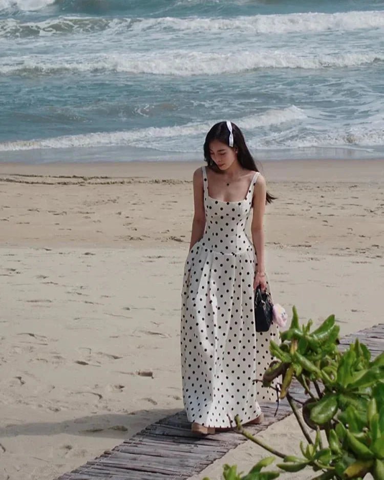 OLANE Classic Polka Dot Square Neckline Midi Dress MWomen’s Dresses