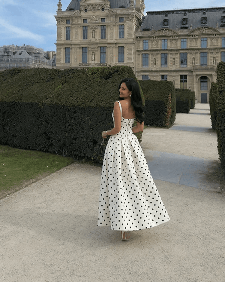 OLANE Classic Polka Dot Square Neckline Midi Dress MWomen’s Dresses