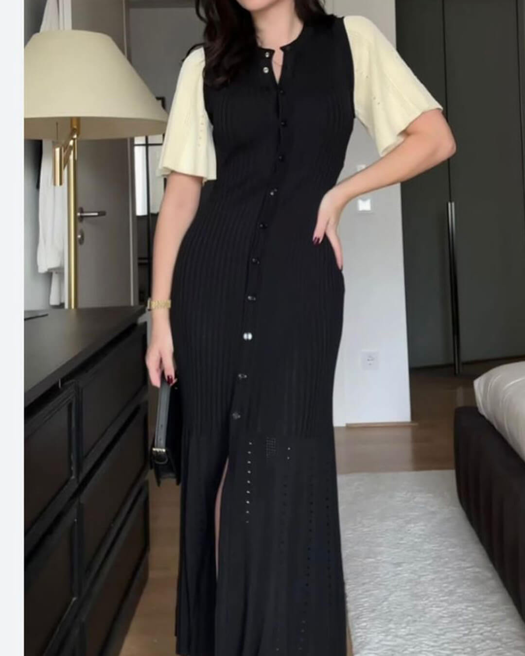 OLANE Classic Ribbed Knitted Midi Dress BlackLWomen's Dresses