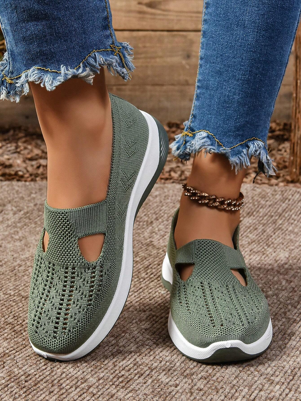 OLANE Comfort Slip-On Knitted Walking Shoe Green39/7Women's Shoes