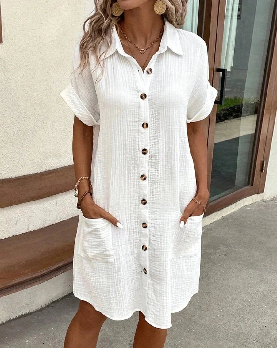 OLANE Cotton Linen V-Neck Mini Dress GreenSWomen's Dresses
