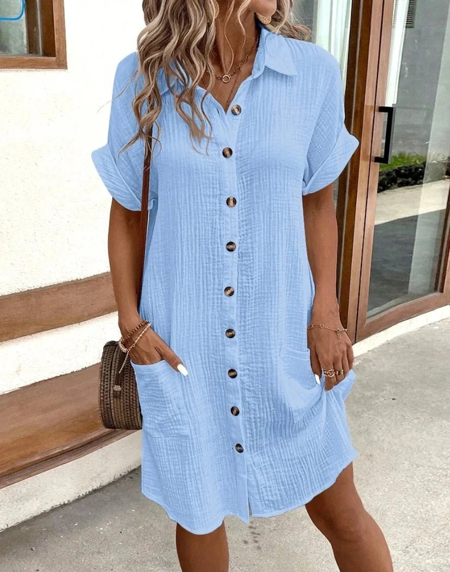 OLANE Cotton Linen V-Neck Mini Dress GreenSWomen's Dresses