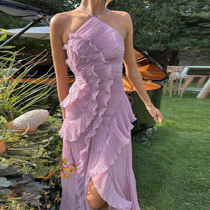 OLANE Crissa Halter Strap Ruffled Tule Dress PurpleXLWomen’s Dresses
