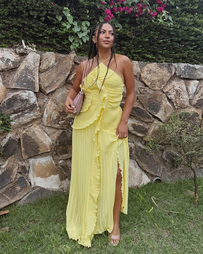 OLANE Crissa Halter Strap Ruffled Tule Dress YellowXSWomen’s Dresses