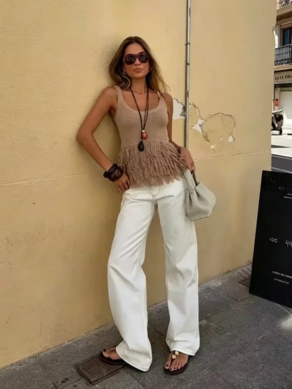 OLANE Crochet Tassel Knit Tank Top MWomen’s Tops