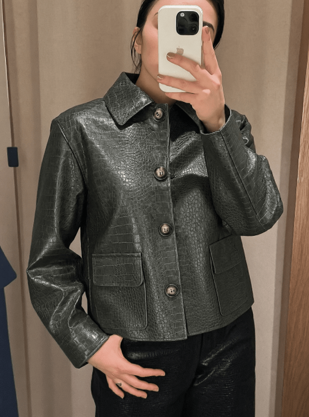 OLANE Crocodile Embossed Leather Jacket GreenSWomen's Coats & Jackets