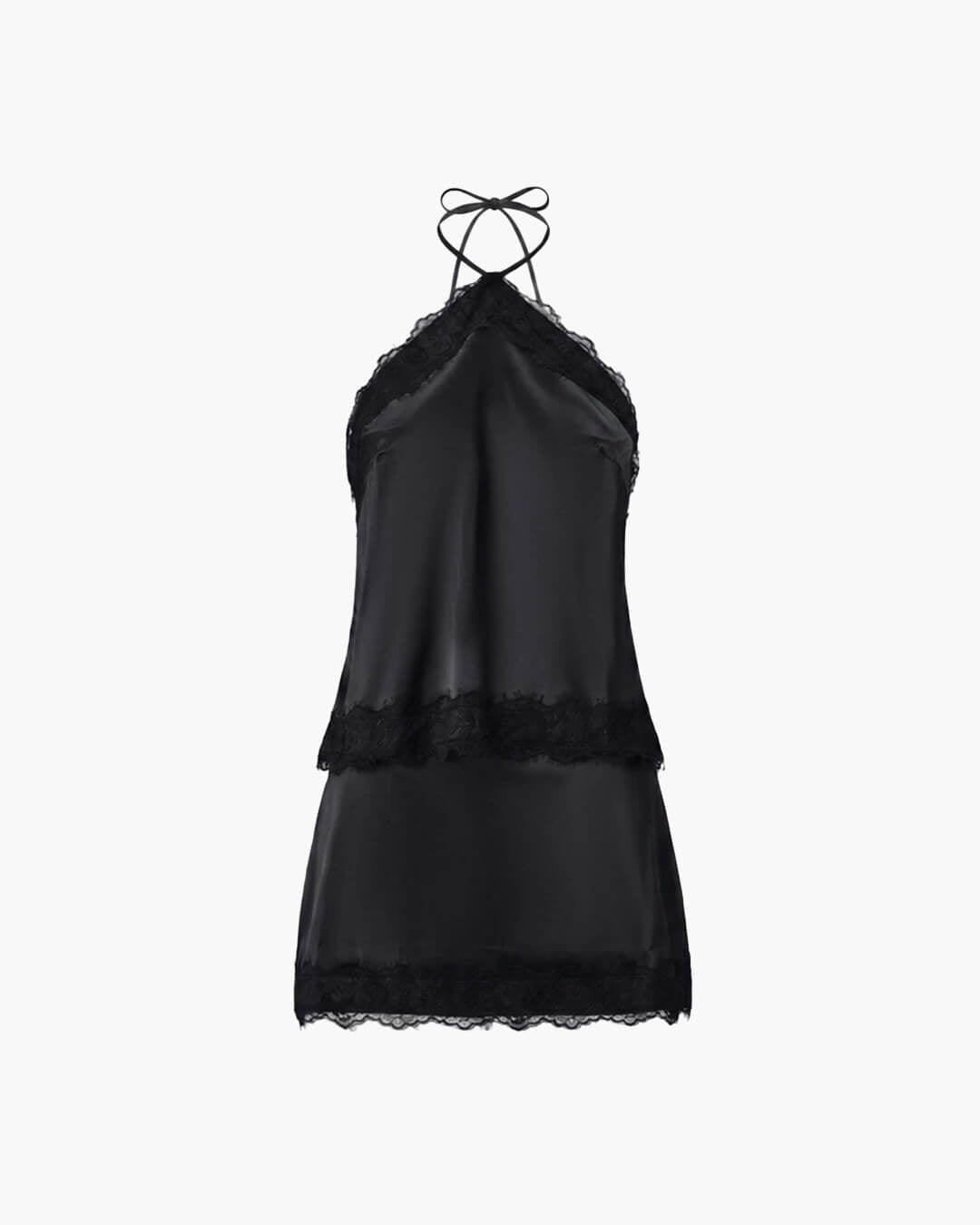 OLANE Crop Top Satin Halter Two-Piece Set Black SetXSWomen's Sets
