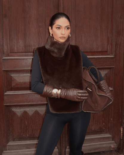 OLANE Cropped Faux Fur Turtleneck Vest BrownSWomen's Coats & Jackets