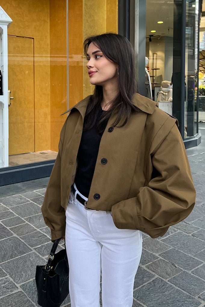 OLANE Cropped Pleated Utility Jacket KhakiLWomen's Coats & Jackets