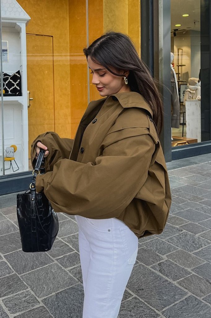 OLANE Cropped Pleated Utility Jacket KhakiLWomen's Coats & Jackets