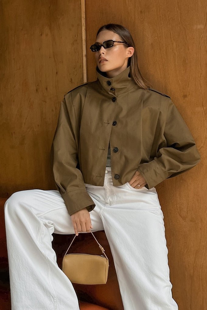 OLANE Cropped Pleated Utility Jacket KhakiSWomen's Coats & Jackets