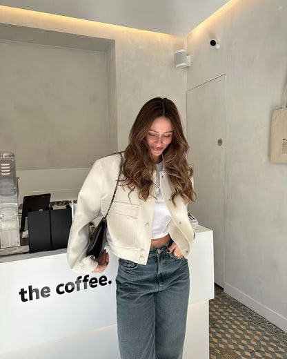OLANE Cropped Ribbed Bomber Jacket OatmilkLWomen's Coats & Jackets