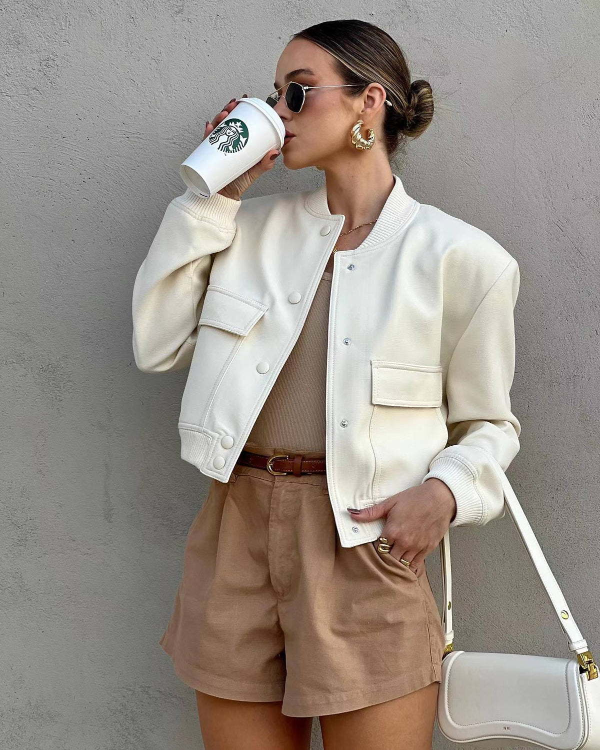 OLANE Cropped Ribbed Bomber Jacket OatmilkLWomen's Coats & Jackets