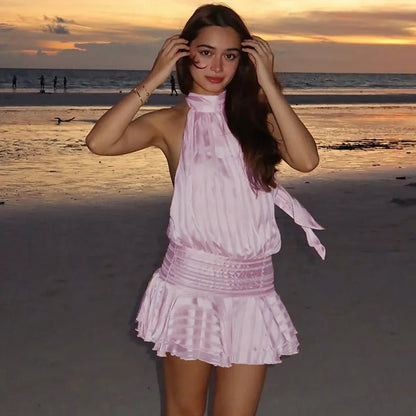 OLANE Daniela Ruffled Tiers Backless Mini Dress PinkSWomen’s Dresses