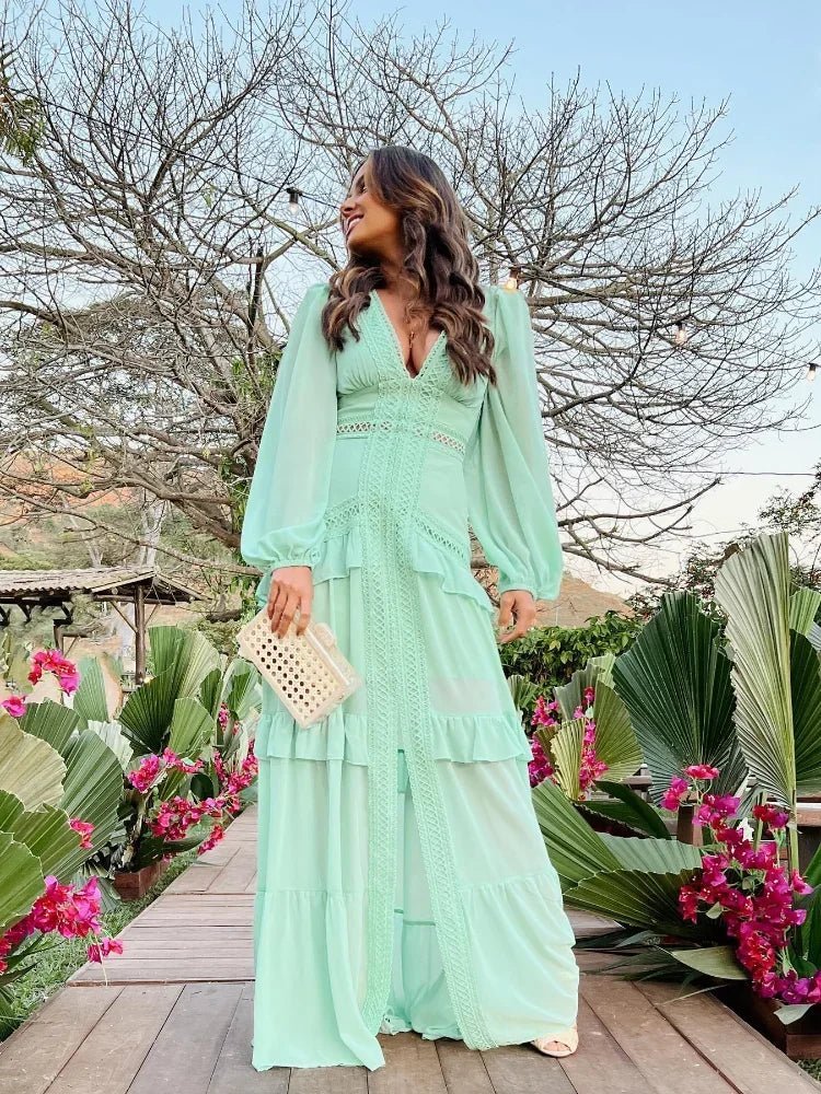 OLANE Deep V - Neck Ruffle Maxi Dress Light GreenSWomen's Dresses