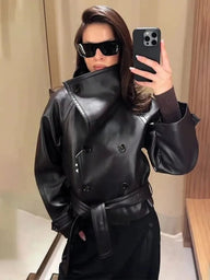 Trench-coat croisé en similicuir avec laçage