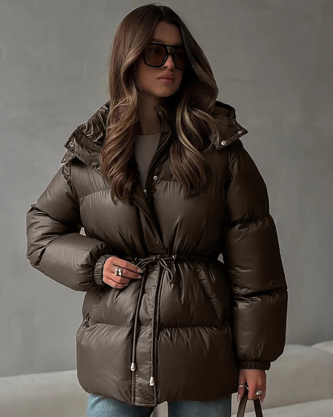 OLANE Drawstring Hooded Puffer Coat BrownSWomen's Coats & Jackets