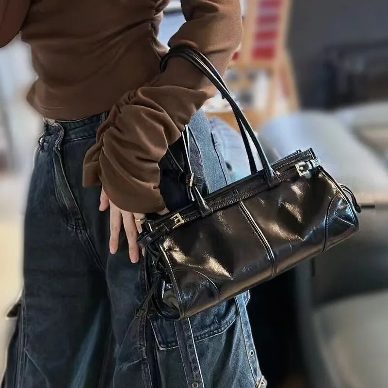 OLANE Edelle Leather Shoulder Bag with Belt Detail BlackHandbags