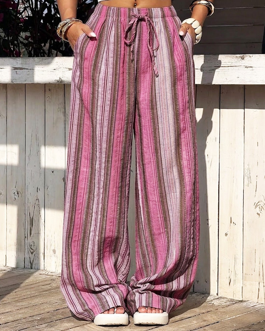 OLANE Elastic Waist Wide-Leg Striped Pants PinkSWomen's Bottoms