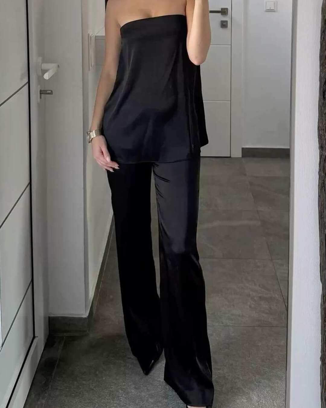 OLANE Elastic Waistband Wide Leg Satin Trousers BlackSWomen's Bottoms