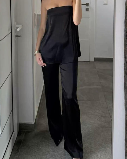 OLANE Elastic Waistband Wide Leg Satin Trousers BlackSWomen's Bottoms